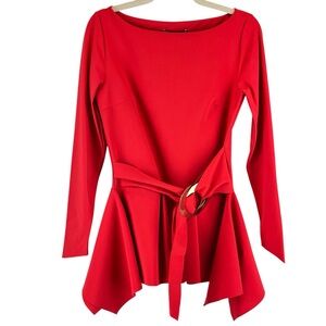 Chiara Boni La Petite Robe Top Red Peplum Handkerchief Hem Gold Circular Belt 6